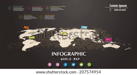 Infographic world map with flag-pointers and web icons