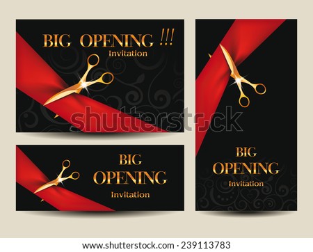 Set of big opening invitation cards with red red ribbons and scissors