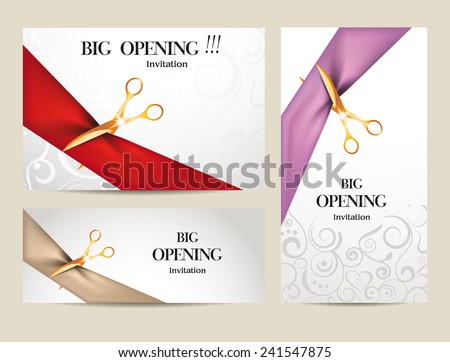 Set of big opening invitation cards with  ribbons and scissors