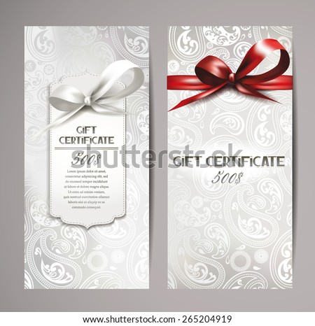 Elegant white gift certificates with silk ribbons and floral design