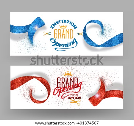 Grand opening banners with abstract red and blue ribbons