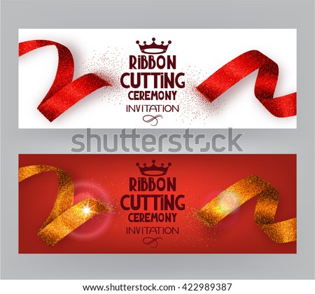 Ribbon cutting ceremony banners with abstract ribbons  and abstract hand with scissors