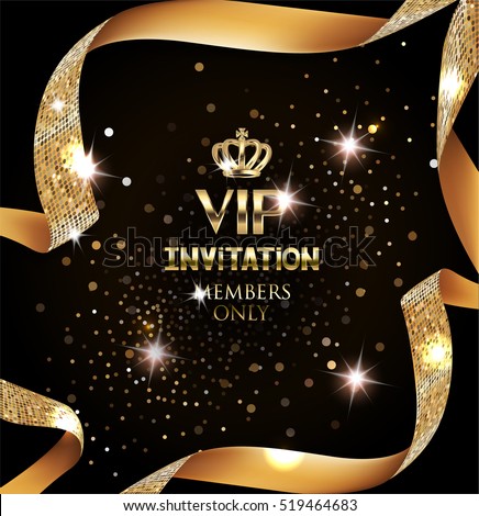 Elegant VIP invitation card with silk textured curled gold ribbon