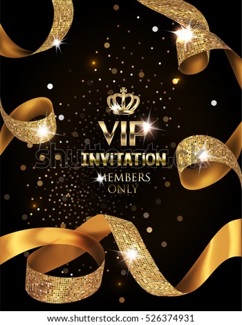 Elegant VIP invitation card with silk textured curled gold ribbons