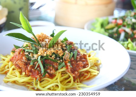 Spaghetti sauce spicy, Food creative between Italy and thailand.