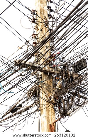 Power pole with Tangle of Electrical wires.