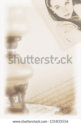 Old vintage collage with hand writing, photo of a pinup woman, oil lamp in sepia