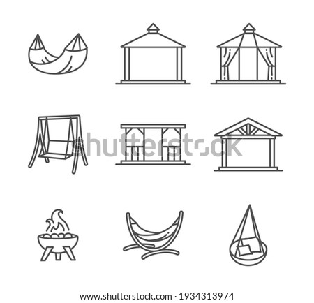 Garden structures, buildings and furniture thin line style icon set vector