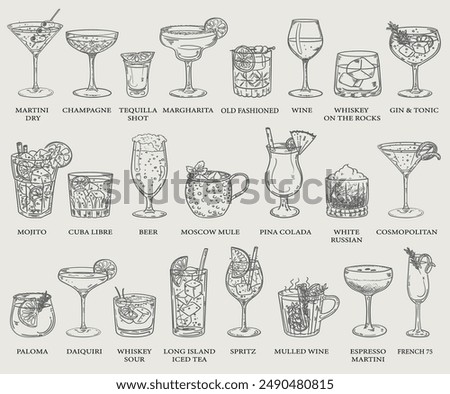 Beautiful hand drawn collection of drinks and cocktails - vector illustration