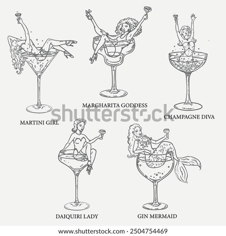 Beautiful vector illustration set of women in cocktail glasses - woman in martini, champagne, margharita, daiquiri and mermaid in a gin glass. For a girls night, bachelorette party