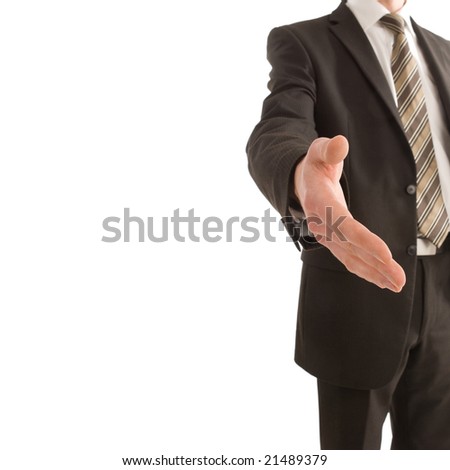 Business man holding out his hand with copy space isolated on white