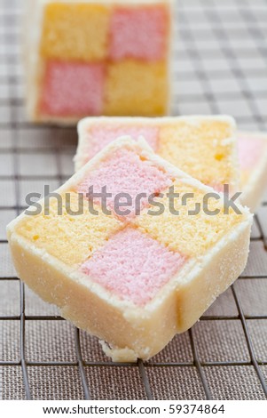 Battenberg cake on a cooling tray