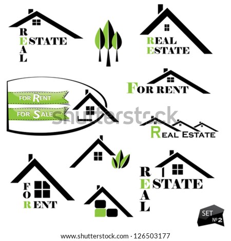 Set of houses icons for real estate business on white background. With natural elements