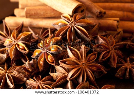 Extreme close up of star anise and cinnamon sticks