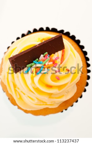 Vanilla cup cake top view over white background