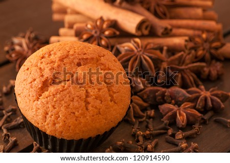Muffin close up with spices background