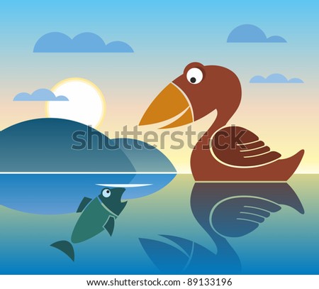 Bird and fish, Flat style, Vector, lake