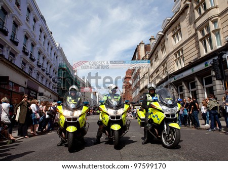 BRIGHTON, UK - AUG 13. The polices with their motorcycles are ready and waiting for the pride parade for LGBT community at  Brighton Pride Festival on August 13, 2011.