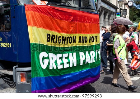 BRIGHTON, UK - AUG 13. Brighton and Hove Green Party take part in the Pride Parade at Brighton Pride Festival on August 13, 2011, Brighton, West Sussex, England.