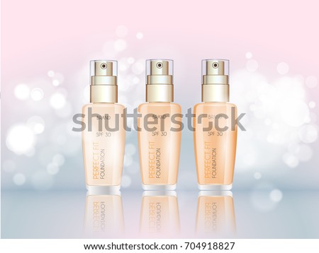 Cosmetic product foundation make up with bright backgrounds. Package design with glass bottle. Ads, magazine or catalog template design on commercial background