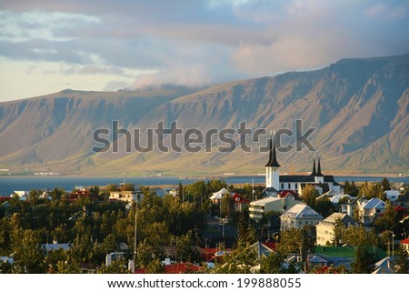 Overview of Reykjavik city with the Esja mountain range in the background, Iceland.
