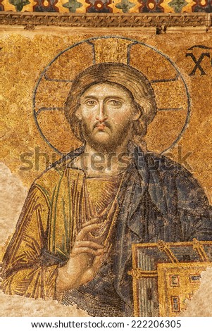 ISTANBUL, TURKEY - AUGUST 21: Jesus in the Deesis of Hagia Sophia, a Byzantine mosaic dated about 1280, on August 21, 2014, in Istanbul, Turkey.