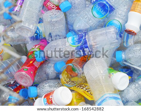 CHUMPHON, THAILAND - SEPTEMBER 22 : Recycling center collects plastic bottles on September 22, 2012 at Chumphon Thailand. Recycling one ton of plastic saves 7.4 cubic yards of landfill space