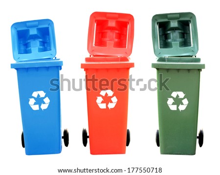 Colorful Recycle Bins Isolated With Recycle Sign For Green World Concept