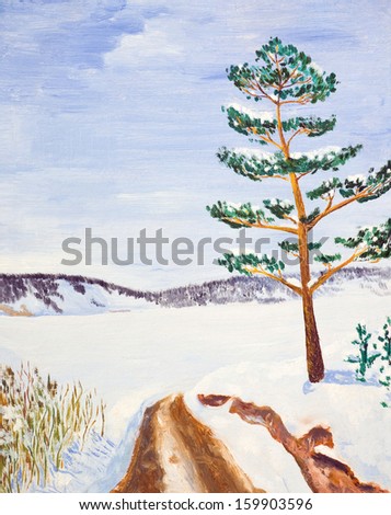 Winter landscape with a pine tree. Oil painting