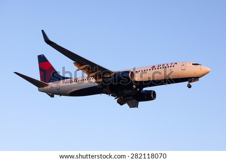 LOS ANGELES, CALIFORNIA/USA - MAY 24, 2015. Delta Air Lines Boeing 737 lands at Los Angeles Airport (LAX) on May 24, 2015. Delta is one of the biggest airlines in the world.