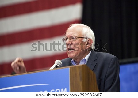 MADISON, WI/USA - July 1, 2015: U.S. Senator Bernie Sanders (I -Vermont) speaks at a presidential campaign rally in Madison, Wisconsin front of a crowd of over 10,000 people.