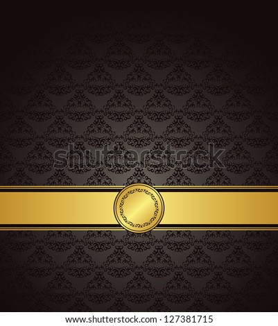 Vintage seamless damask wallpaper with a gold ribbon. Can be used as greeting card or invitation