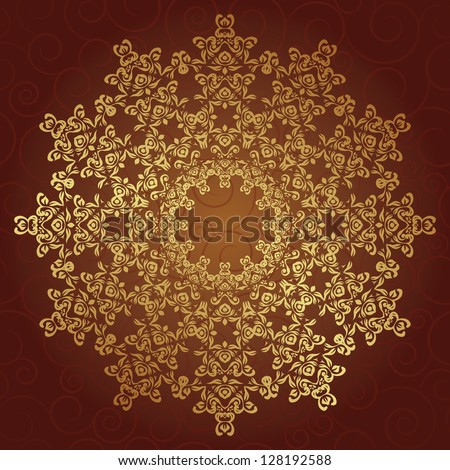 Round Lace Pattern In Gold On A Red Background With Swirls. Vintage ...