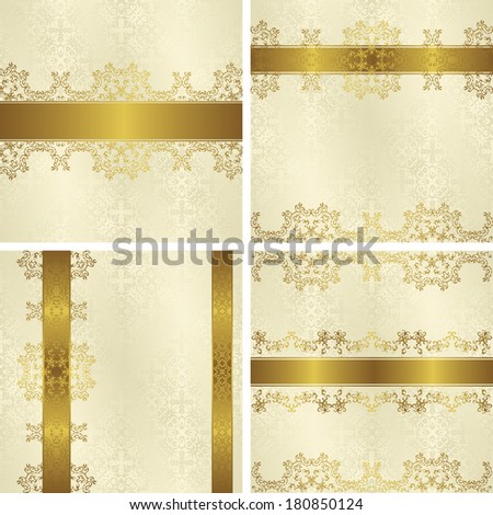 Set of vintage backgrounds with decorative gold ribbons. Seamless wallpaper in pastel colors. Can be used as card or invitation. Raster version of illustration