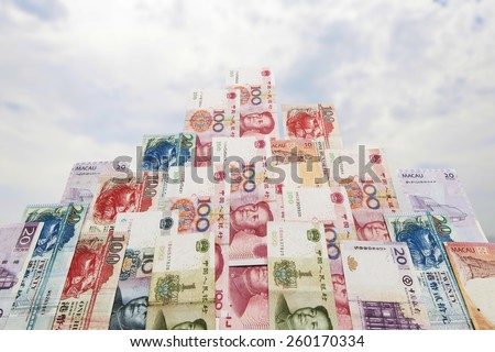 Wealth of China,China,Macau and hong kong money bills in building perspective shape