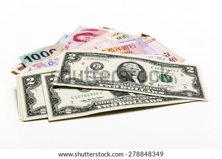 Two dollars bill  on China and other asian money bills