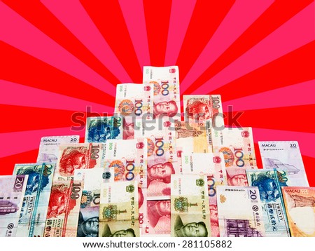 China, Macao and hong kong money bills in building perspective shape