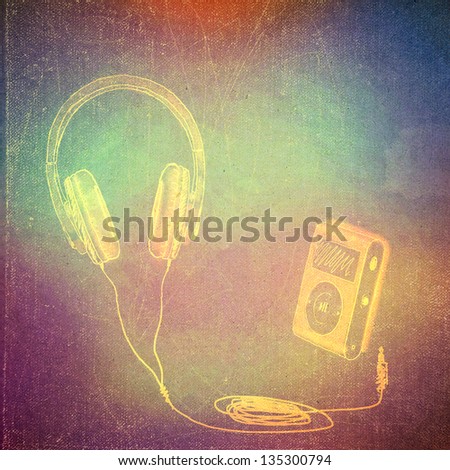 vintage paper texture, art music background, headphones and mp3 player