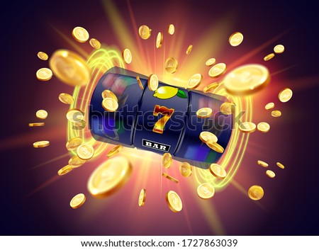 The black slot machine wins the jackpot 777 on the background of an explosion of coins. Vector illustration