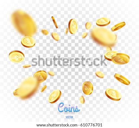 Realistic Gold coins explosion. Isolated on transparent background.