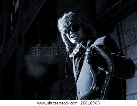 steampunker in industrial scary place