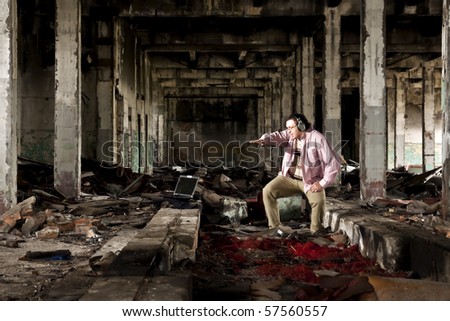 industrial place and man in pink shirt