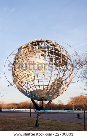 Unisphere globe in Flushing Meadows Corona Park in Queens New York at sunset