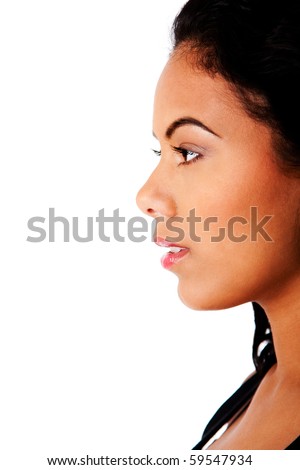Side profile view of beautiful woman face with clear tanned skin and natural makeup, isolated.