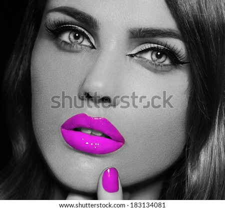 High fashion look.glamor closeup portrait of beautiful sexy stylish Caucasian young woman model with bright makeup, with pink lips,  with perfect clean skin