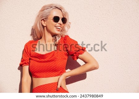 Similar – Image, Stock Photo Stylish woman in summer clothes standing in street