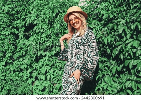 Similar – Image, Stock Photo Woman near green bushes