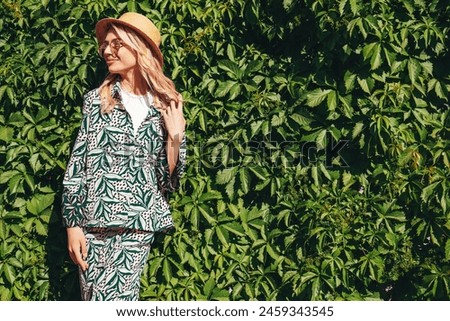 Similar – Image, Stock Photo Woman near green bushes