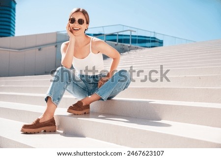 Similar – Image, Stock Photo Stylish woman in summer clothes standing in street