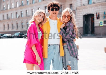 Image, Stock Photo Beautiful caucasian fashionly dressed girl standing outdoors with paper bag with purchases in the city.